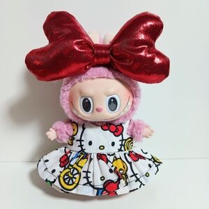 Custom Hello Kitty Dress and Oversized Metallic Heart Bow Made to fit Labubu
